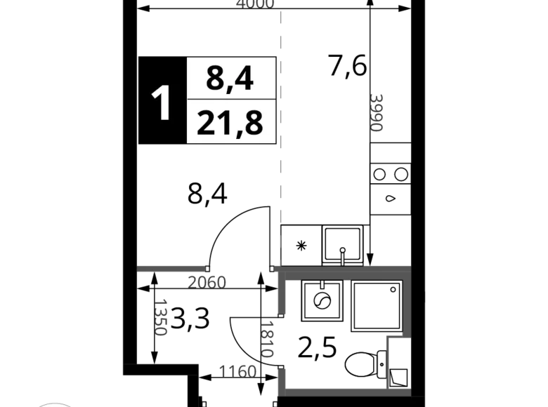 Студия 1 комната 22 м² Химки, Россия