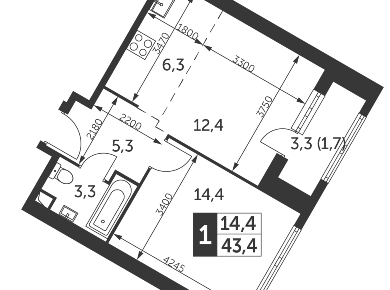 1 room apartment 43 m² Konkovo District, Russia