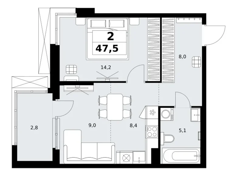 2 room apartment 48 m² Kommunarka, Russia