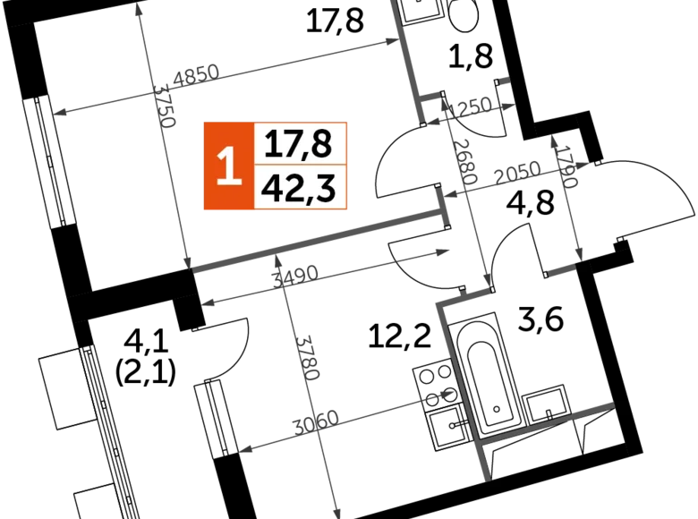 Mieszkanie 1 pokój 42 m² Razvilka, Rosja