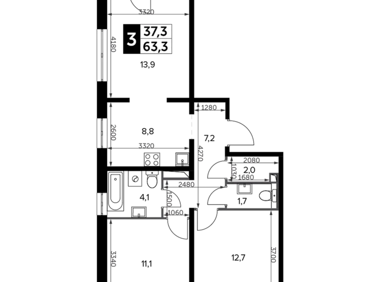 3 room apartment 63 m² Leninsky District, Russia