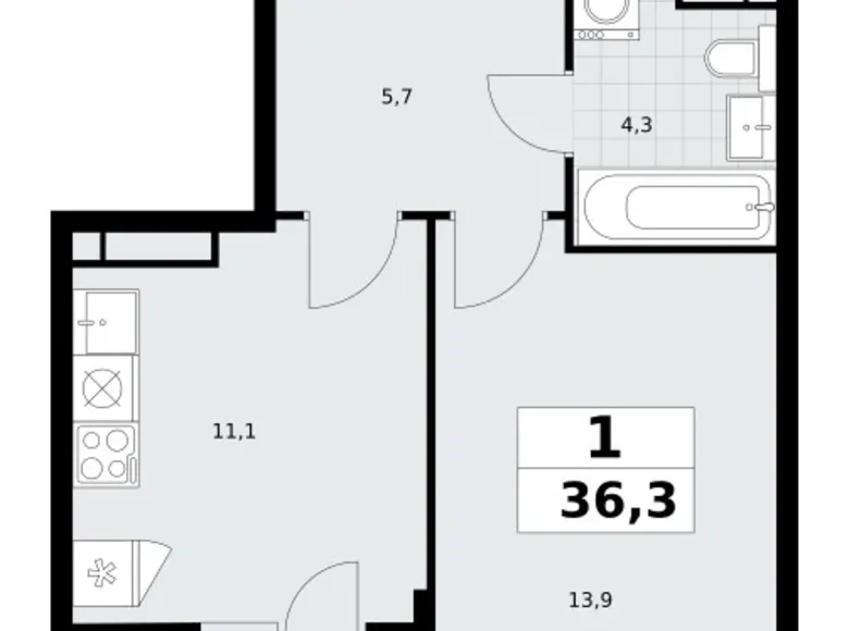 1 room apartment 36 m² Postnikovo, Russia