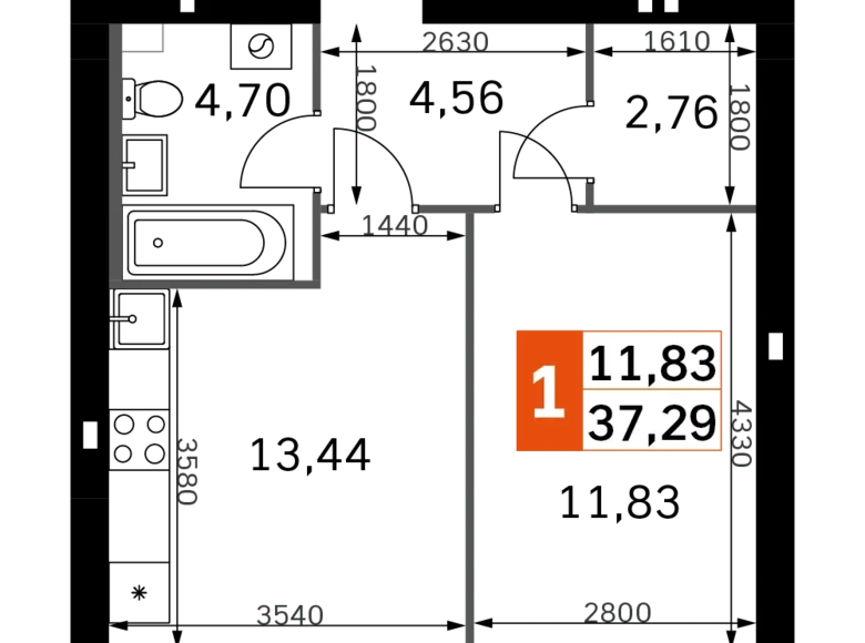 Квартира 1 комната 37 м² Одинцовский городской округ, Россия