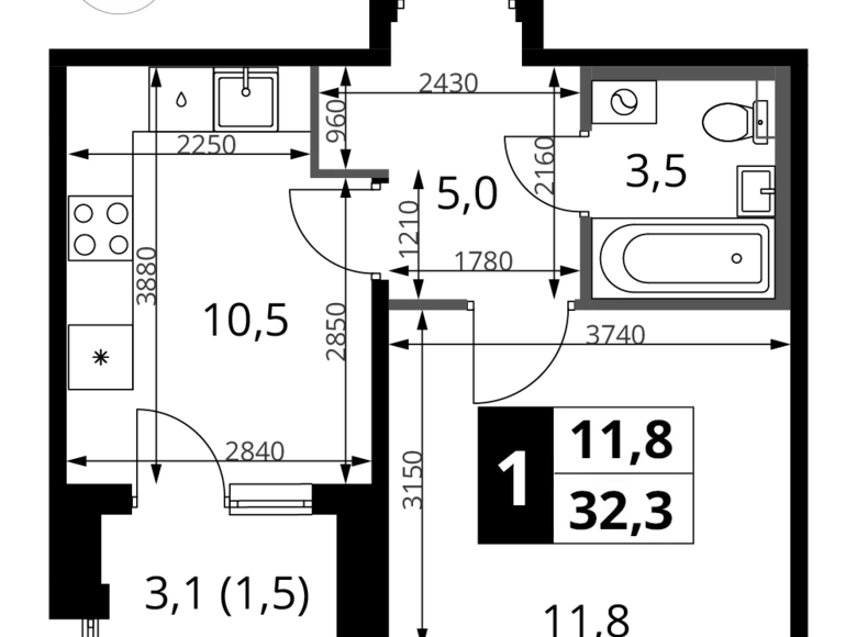 Appartement 1 chambre 32 m² Khimki, Fédération de Russie