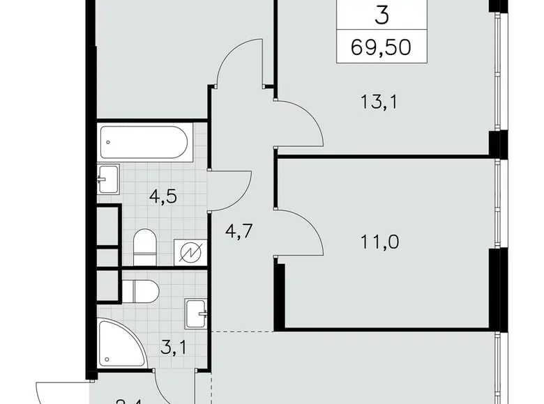 3 room apartment 70 m² South-Western Administrative Okrug, Russia