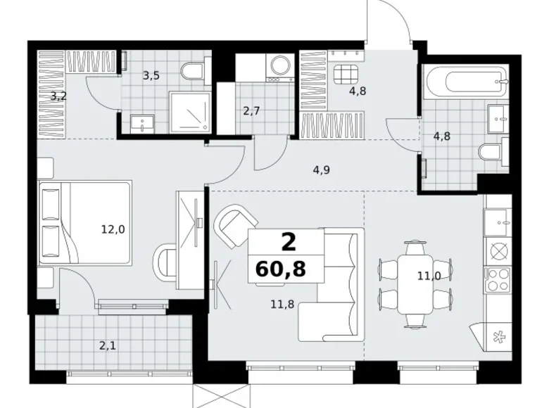 2 room apartment 61 m² Kommunarka, Russia