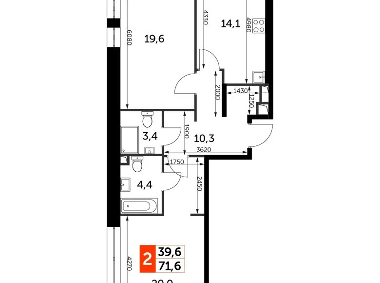 2 room apartment 72 m² North-Western Administrative Okrug, Russia