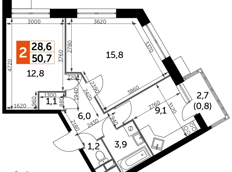 Квартира 2 комнаты 52 м² Veshki, Россия