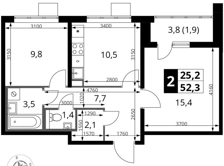 2 room apartment 52 m² Leninsky District, Russia