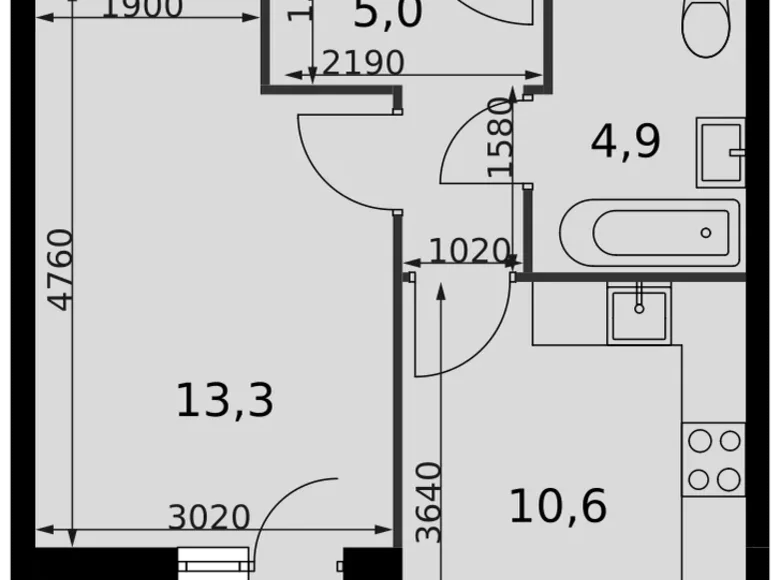 1 room apartment 36 m² Razvilka, Russia