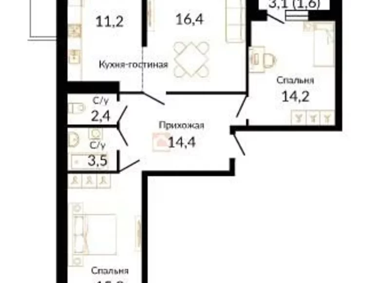 3 room apartment 83 m² Krasnodar, Russia