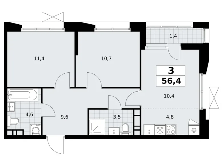 3 room apartment 56 m² poselenie Sosenskoe, Russia