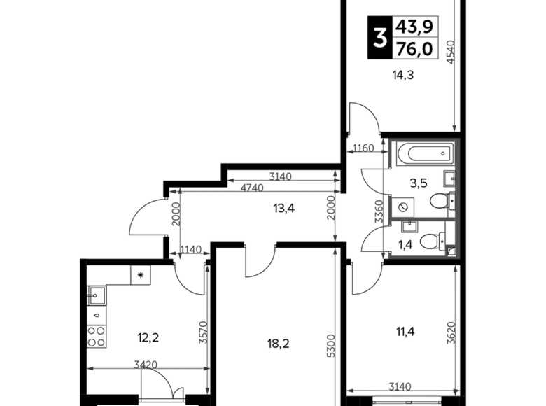 Mieszkanie 3 pokoi 77 m² Leninsky District, Rosja