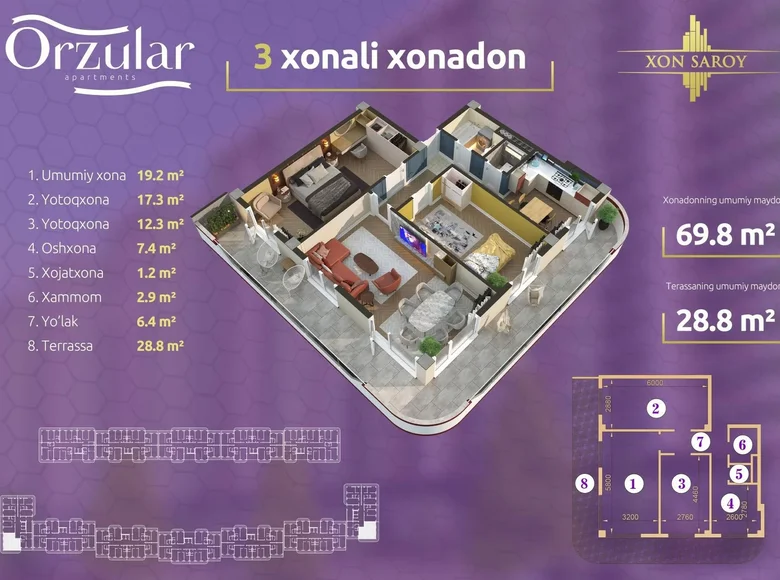 Kvartira 3 xonalar 99 m² Toshkentda