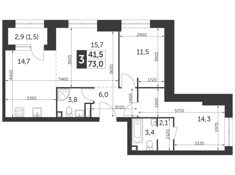 3 room apartment 73 m² North-Eastern Administrative Okrug, Russia