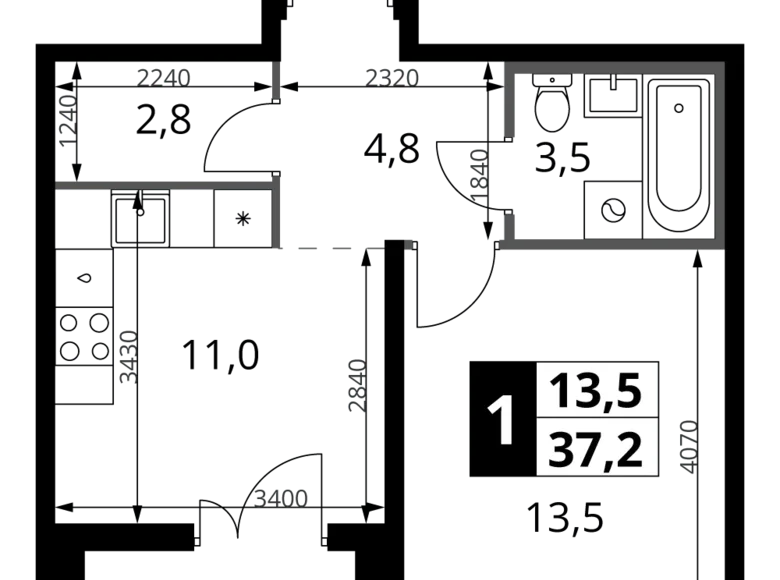 1 room apartment 37 m² Leninsky District, Russia