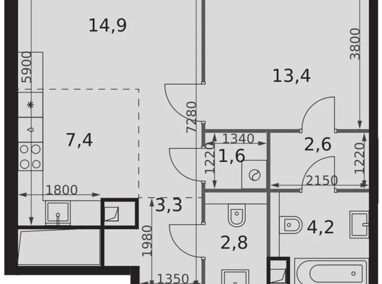 2 room apartment 50 m² North-Western Administrative Okrug, Russia