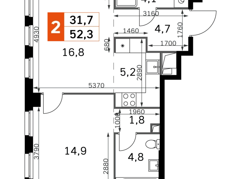 2 room apartment 52 m² North-Western Administrative Okrug, Russia