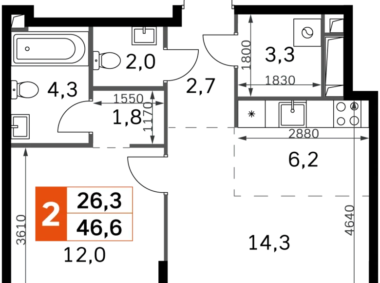 2 room apartment 47 m² North-Western Administrative Okrug, Russia