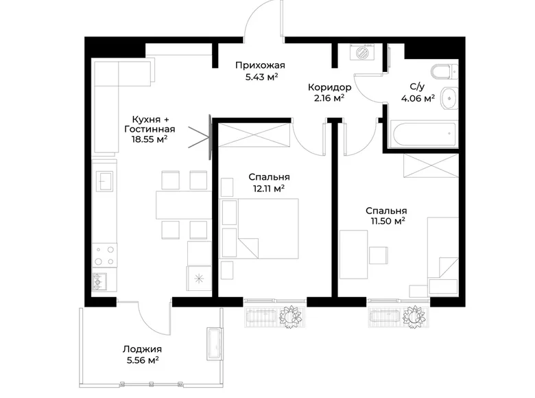 Квартира 2 комнаты 57 м² Ташкент, Узбекистан