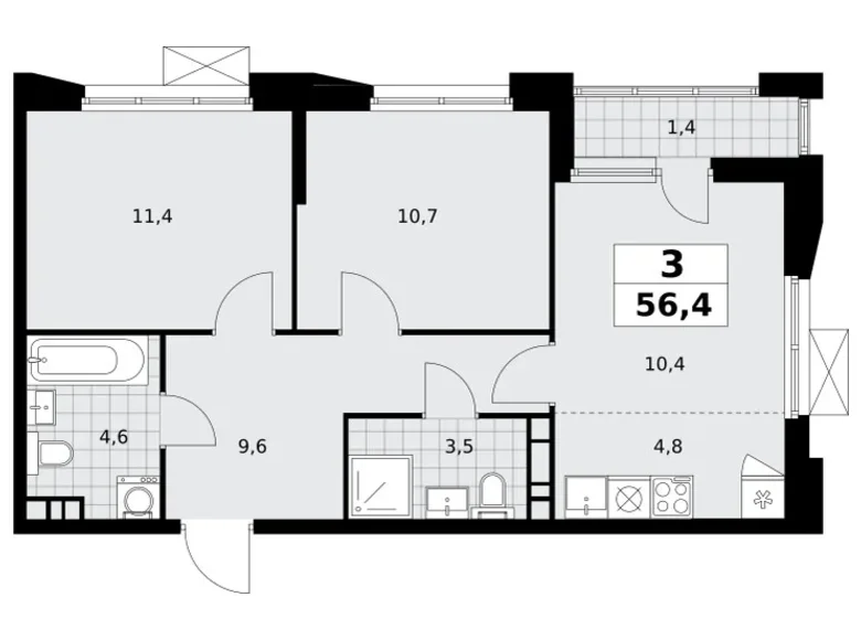 3 room apartment 56 m² poselenie Sosenskoe, Russia