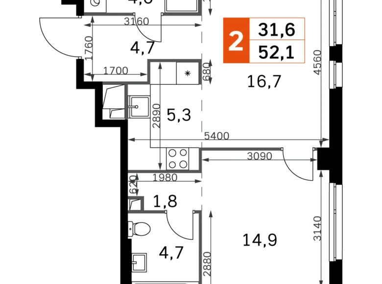 Квартира 2 комнаты 52 м² Северо-Западный административный округ, Россия