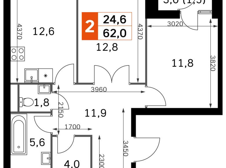 2 room apartment 62 m² Moscow, Russia