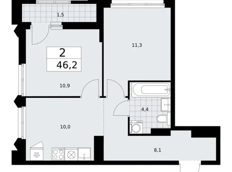2 room apartment 46 m² Troitsk, Russia