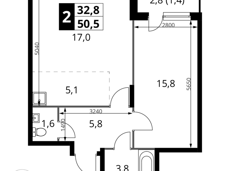 2 room apartment 51 m² Potapovo, Russia