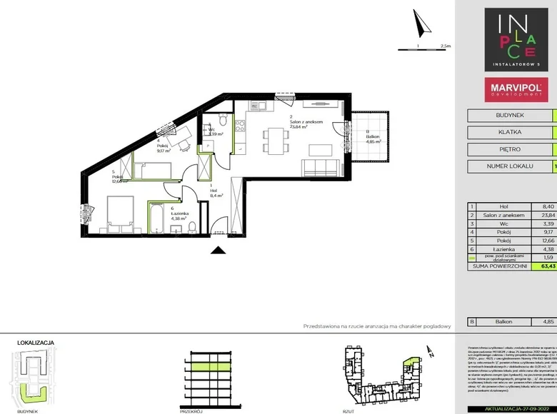 3 room apartment 63 m² Warsaw, Poland