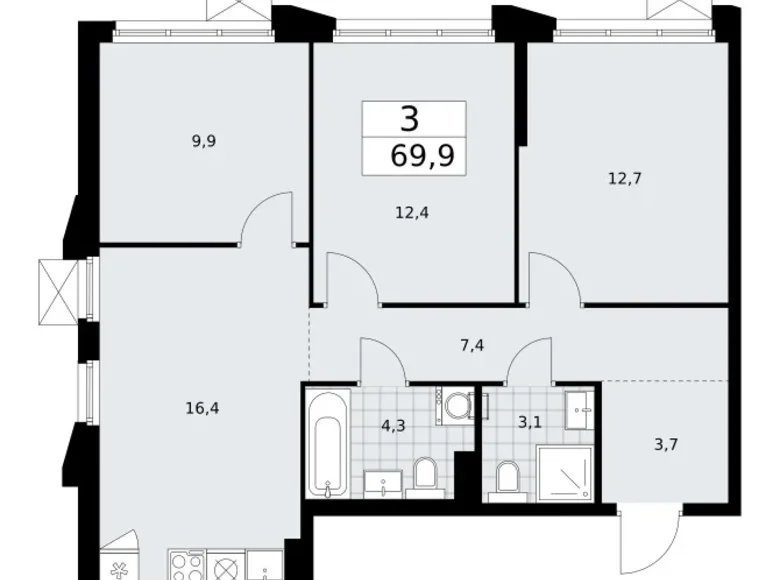 Mieszkanie 3 pokoi 70 m² Troick, Rosja