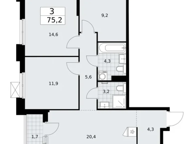 3 room apartment 75 m² Troitsk, Russia