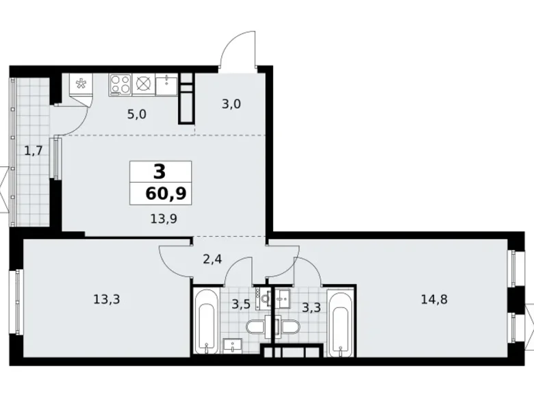 3 room apartment 61 m² poselenie Sosenskoe, Russia