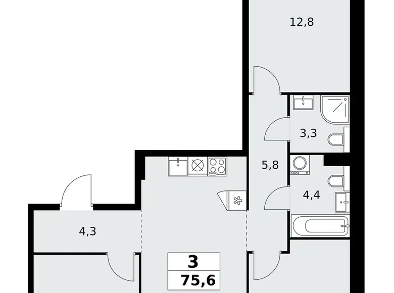 3 room apartment 76 m² poselenie Sosenskoe, Russia