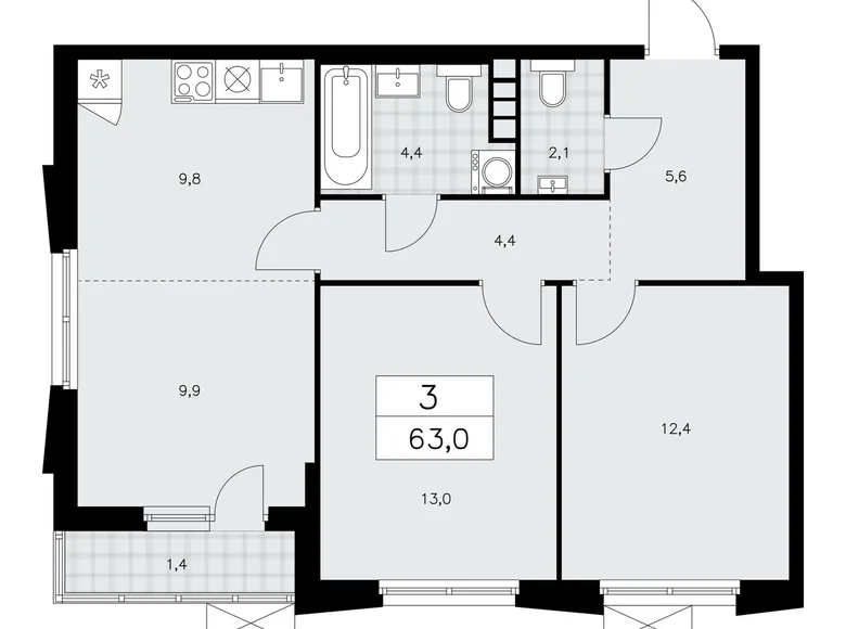 Wohnung 3 zimmer 63 m² poselenie Sosenskoe, Russland