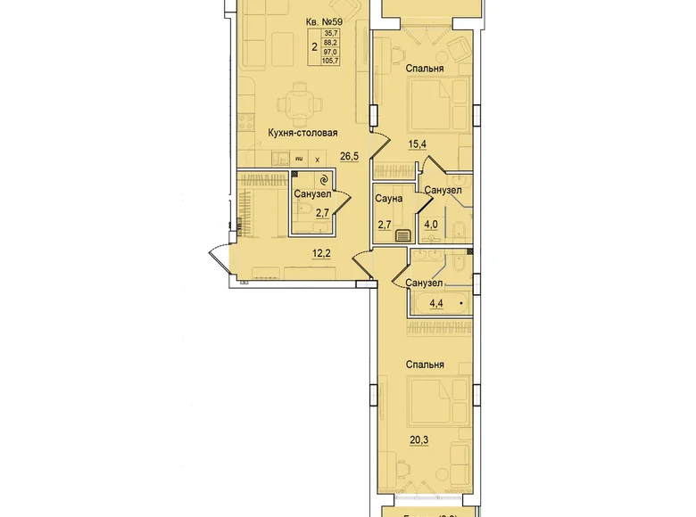Квартира 2 комнаты 97 м² Калининград, Россия
