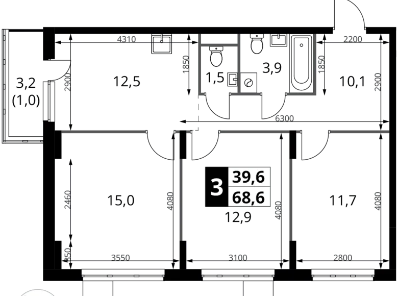 Apartamento 3 habitaciones 69 m² Potapovo, Rusia