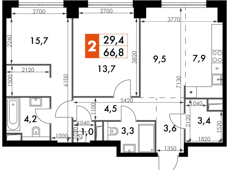 3 room apartment 67 m² North-Western Administrative Okrug, Russia