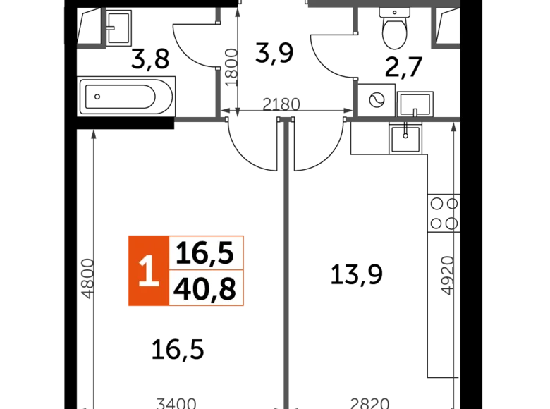 1 room apartment 41 m² Razvilka, Russia