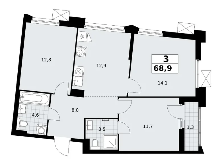 Mieszkanie 3 pokoi 69 m² Troick, Rosja