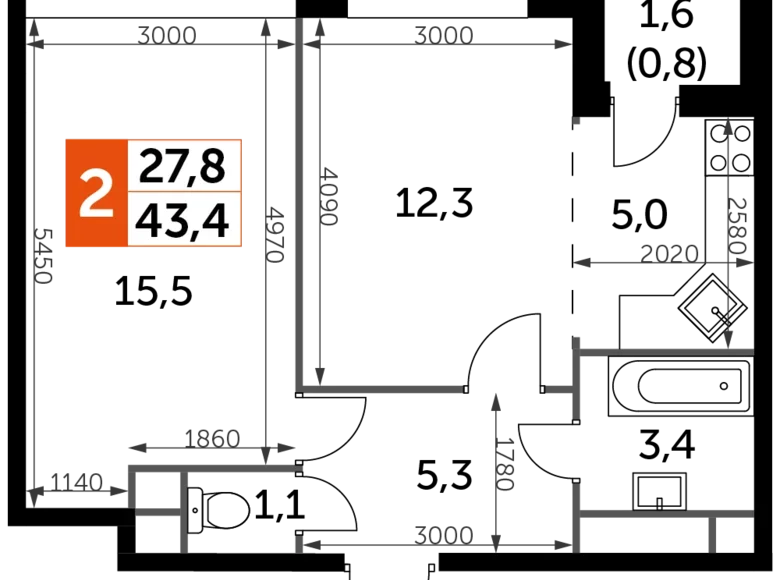 2 room apartment 43 m² Veshki, Russia