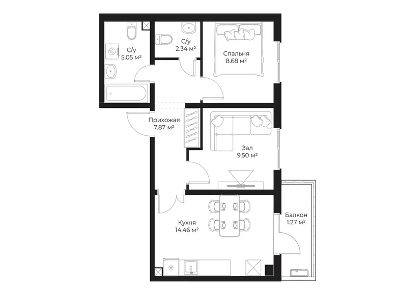 Квартира 2 комнаты 49 м² Ташкент, Узбекистан