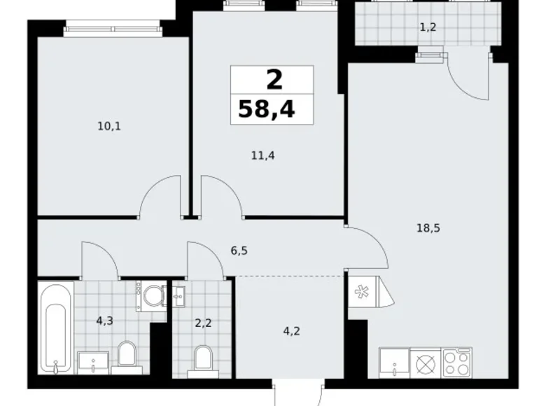 Appartement 2 chambres 58 m² Troïtsk, Russie