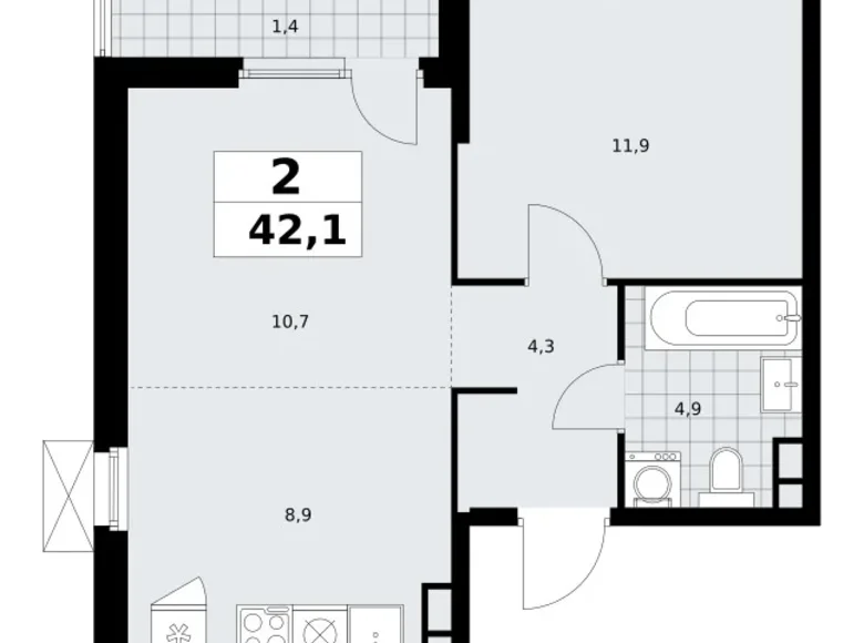 2 room apartment 42 m² South-Western Administrative Okrug, Russia