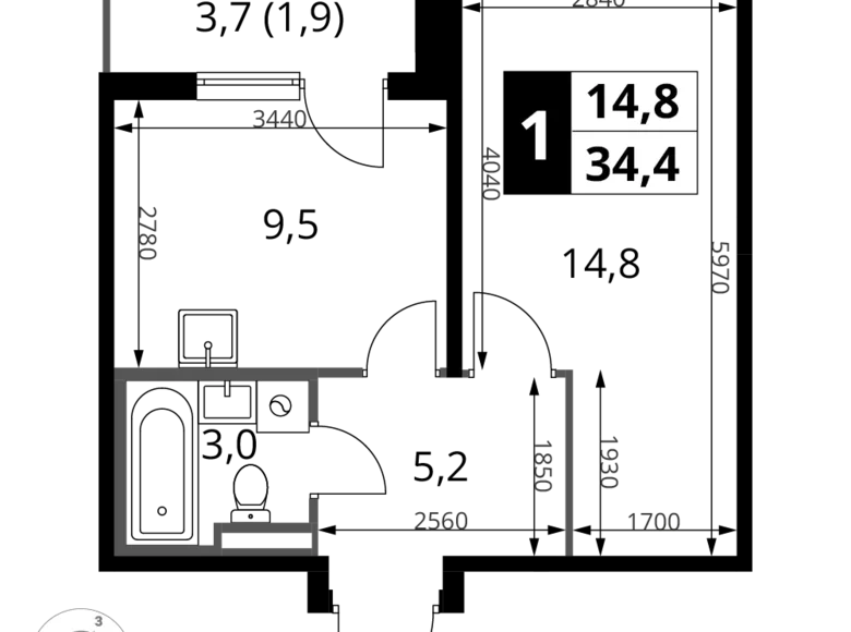 Mieszkanie 1 pokój 34 m² Potapovo, Rosja