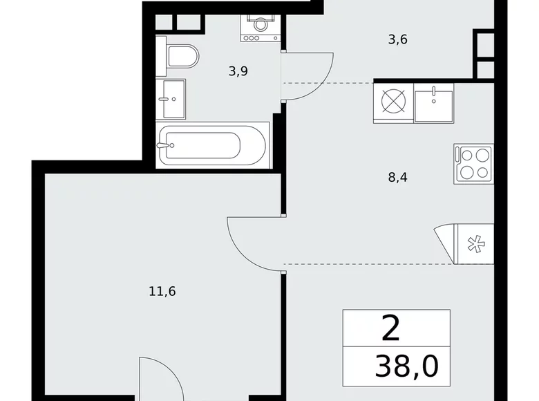 2 room apartment 38 m² poselenie Desenovskoe, Russia