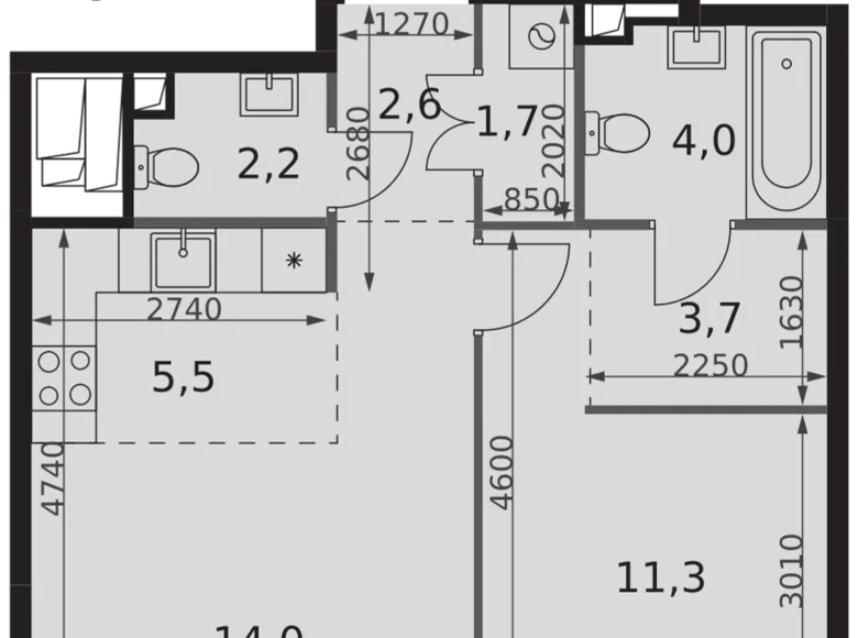 2 room apartment 45 m² Moscow, Russia