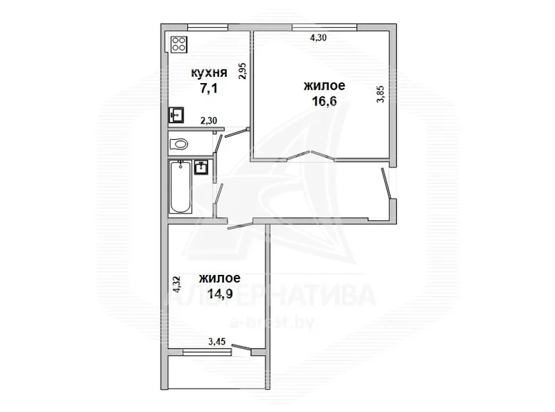 Квартира 1 комната 51 м² Брест, Беларусь