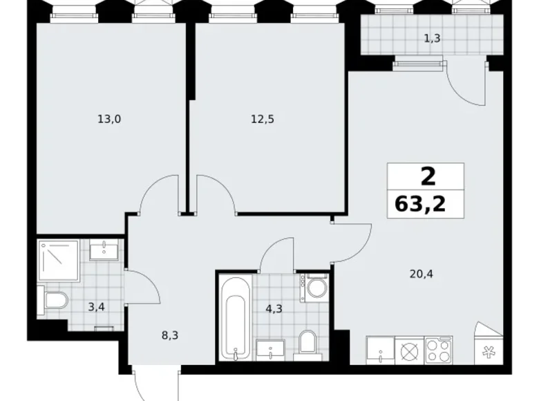 Apartamento 2 habitaciones 63 m² Troitsk, Rusia