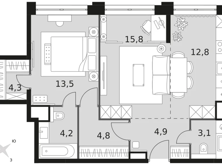 2 room apartment 63 m² North-Western Administrative Okrug, Russia